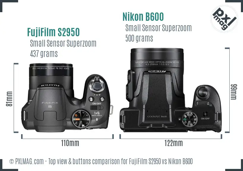 FujiFilm S2950 vs Nikon B600 top view buttons comparison