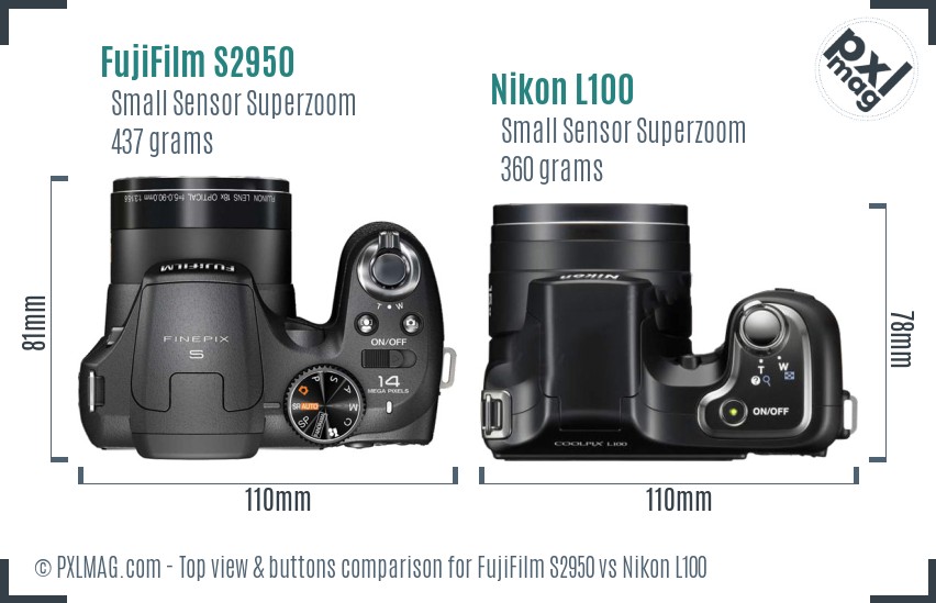 FujiFilm S2950 vs Nikon L100 top view buttons comparison