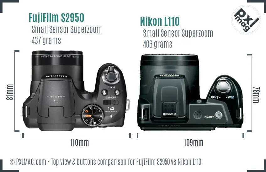 FujiFilm S2950 vs Nikon L110 top view buttons comparison FujiFilm S2950 vs Nikon L110 top view buttons comparison