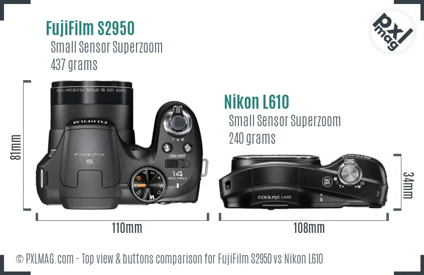 FujiFilm S2950 vs Nikon L610 top view buttons comparison FujiFilm S2950 vs Nikon L610 top view buttons comparison