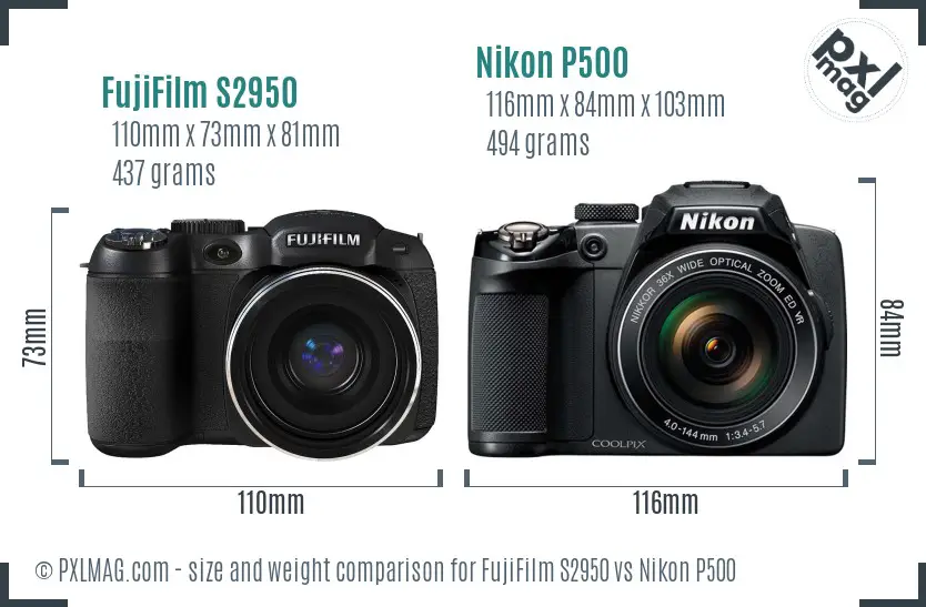 FujiFilm S2950 vs Nikon P500 size comparison