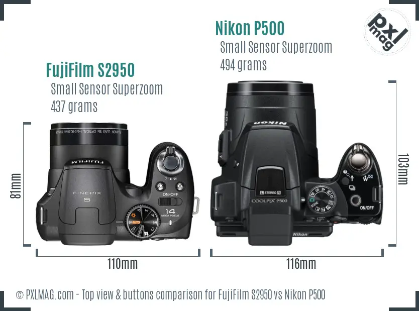 FujiFilm S2950 vs Nikon P500 top view buttons comparison