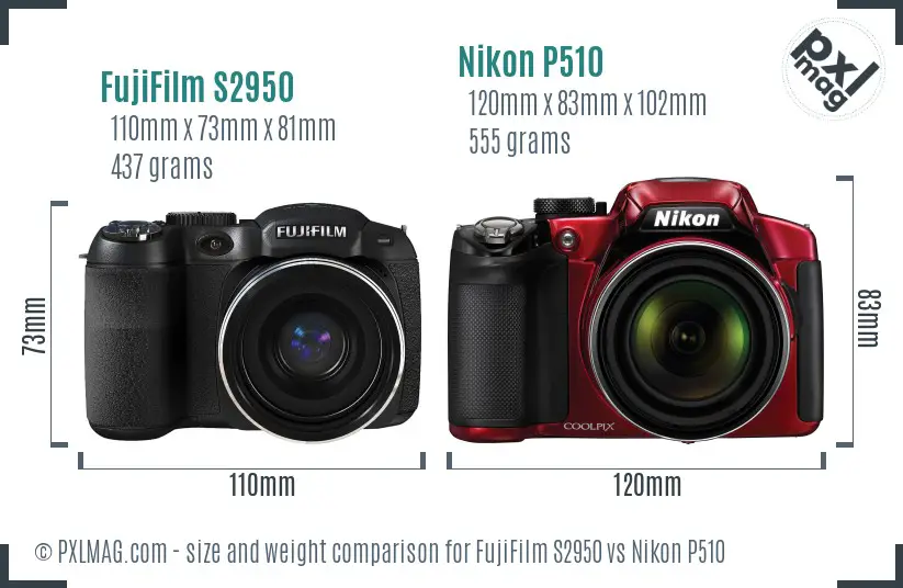 FujiFilm S2950 vs Nikon P510 size comparison