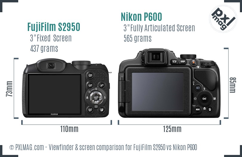 FujiFilm S2950 vs Nikon P600 Screen and Viewfinder comparison