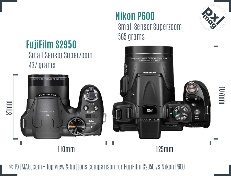 FujiFilm S2950 vs Nikon P600 top view buttons comparison