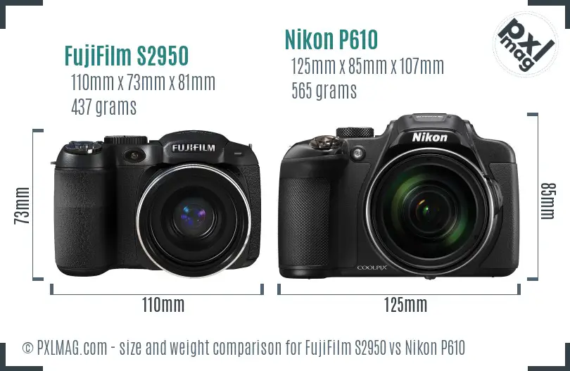 FujiFilm S2950 vs Nikon P610 size comparison