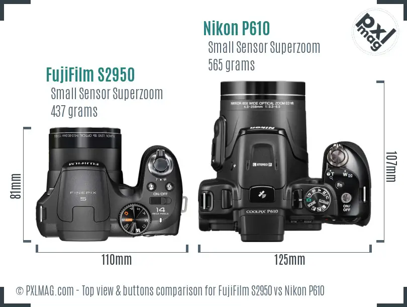 FujiFilm S2950 vs Nikon P610 top view buttons comparison