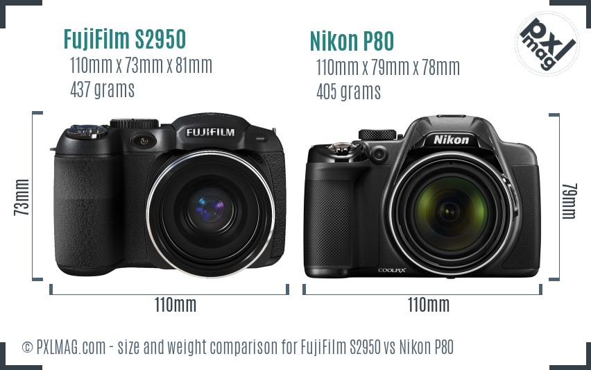 FujiFilm S2950 vs Nikon P80 size comparison