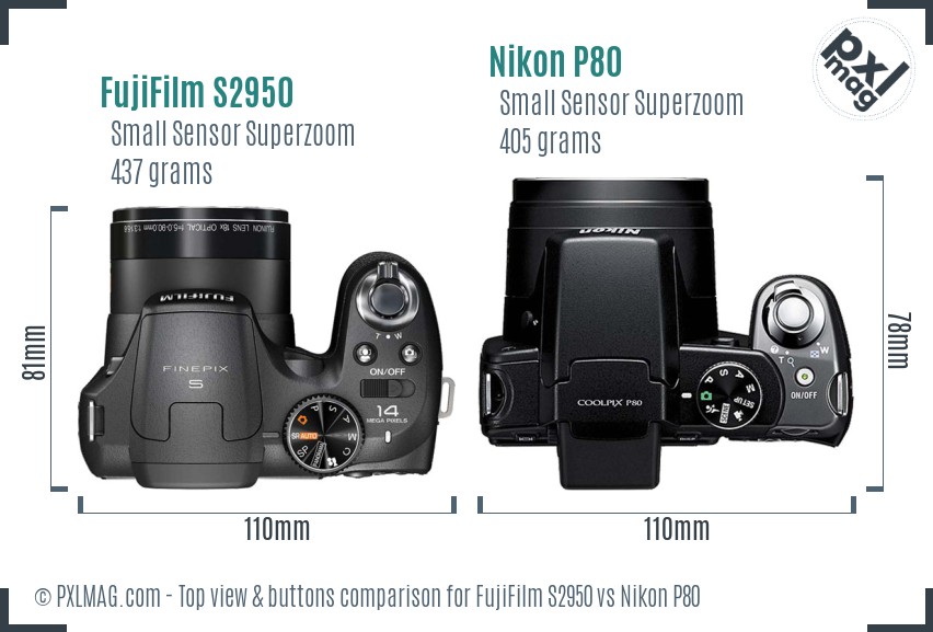 FujiFilm S2950 vs Nikon P80 top view buttons comparison