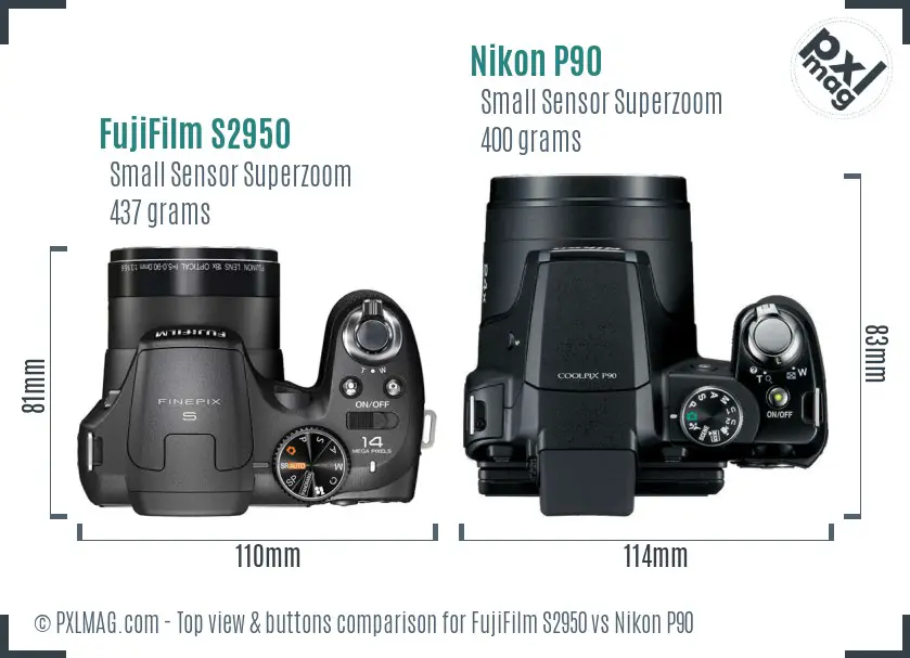 FujiFilm S2950 vs Nikon P90 top view buttons comparison