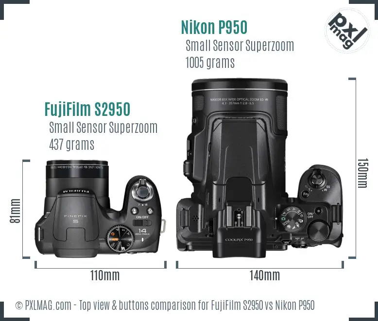 FujiFilm S2950 vs Nikon P950 top view buttons comparison