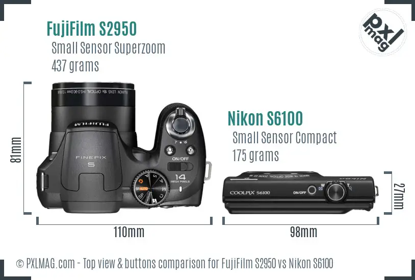 FujiFilm S2950 vs Nikon S6100 top view buttons comparison