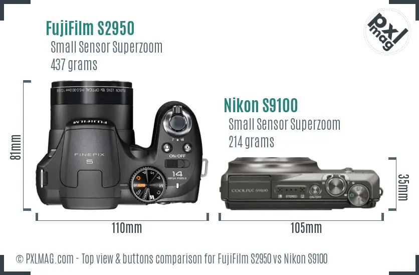 FujiFilm S2950 vs Nikon S9100 top view buttons comparison FujiFilm S2950 vs Nikon S9100 top view buttons comparison