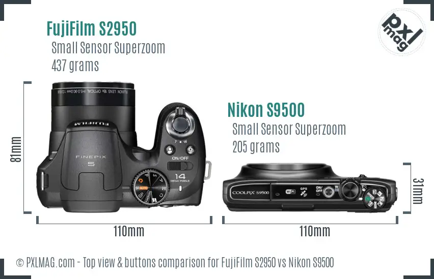 FujiFilm S2950 vs Nikon S9500 top view buttons comparison