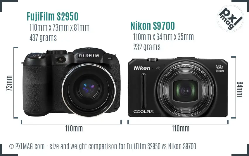 FujiFilm S2950 vs Nikon S9700 size comparison