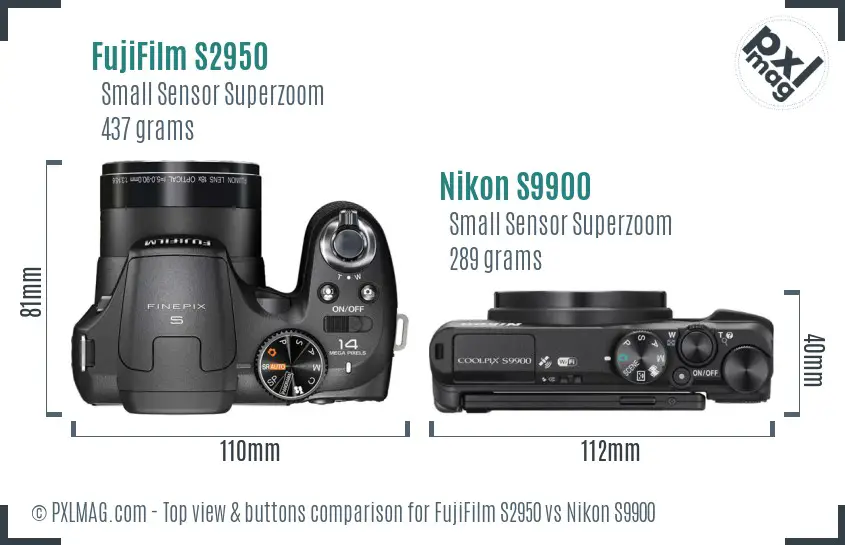 FujiFilm S2950 vs Nikon S9900 top view buttons comparison