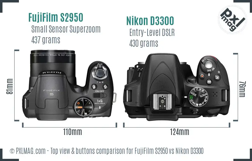 FujiFilm S2950 vs Nikon D3300 top view buttons comparison