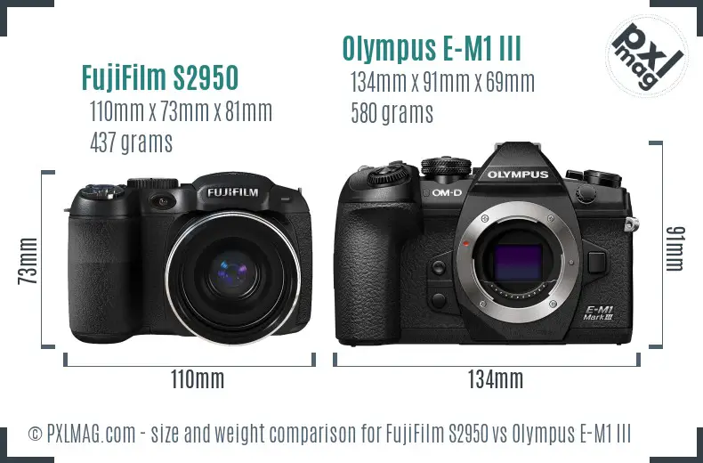 FujiFilm S2950 vs Olympus E-M1 III size comparison