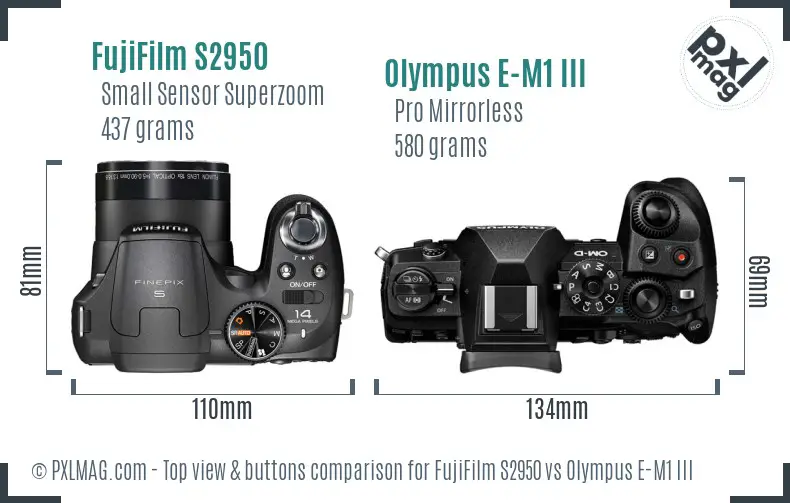 FujiFilm S2950 vs Olympus E-M1 III top view buttons comparison