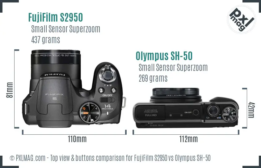 FujiFilm S2950 vs Olympus SH-50 top view buttons comparison FujiFilm S2950 vs Olympus SH-50 top view buttons comparison