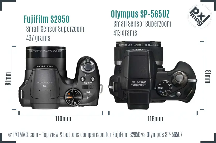 FujiFilm S2950 vs Olympus SP-565UZ top view buttons comparison