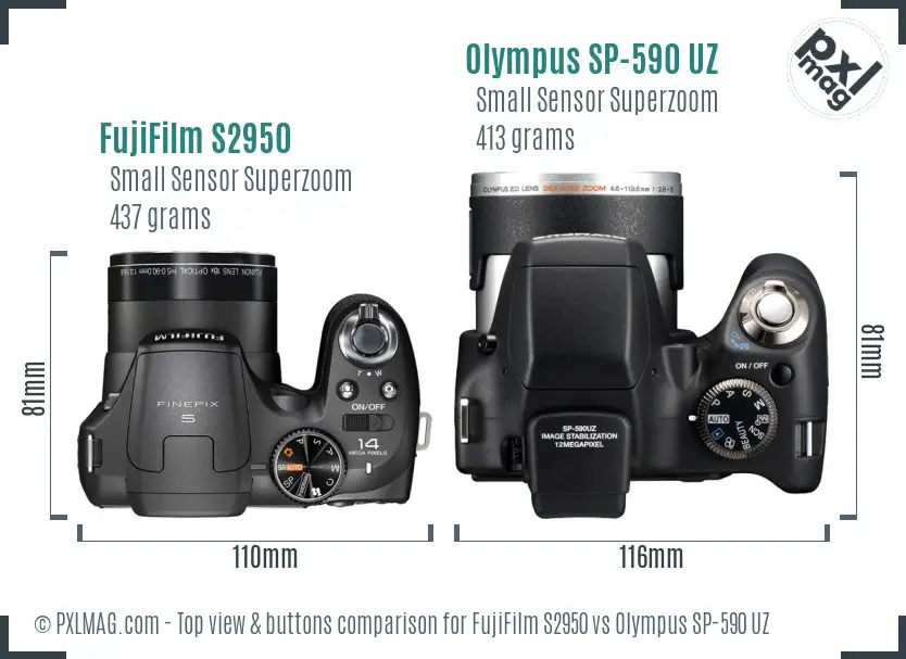 FujiFilm S2950 vs Olympus SP-590 UZ top view buttons comparison