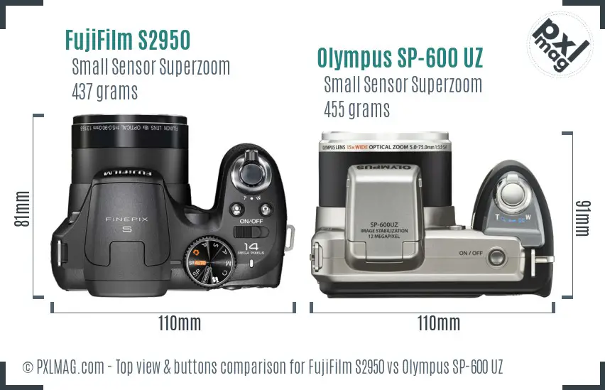 FujiFilm S2950 vs Olympus SP-600 UZ top view buttons comparison