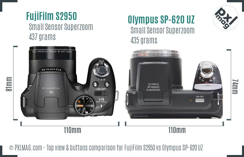 FujiFilm S2950 vs Olympus SP-620 UZ top view buttons comparison