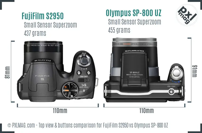 FujiFilm S2950 vs Olympus SP-800 UZ top view buttons comparison FujiFilm S2950 vs Olympus SP-800 UZ top view buttons comparison