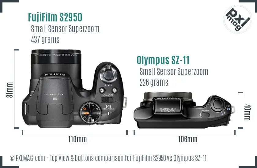 FujiFilm S2950 vs Olympus SZ-11 top view buttons comparison
