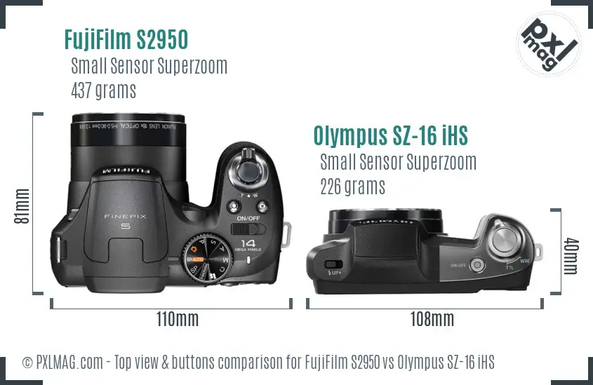FujiFilm S2950 vs Olympus SZ-16 iHS top view buttons comparison