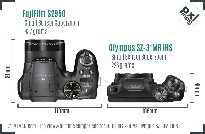 FujiFilm S2950 vs Olympus SZ-31MR iHS top view buttons comparison