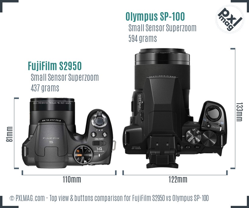 FujiFilm S2950 vs Olympus SP-100 top view buttons comparison