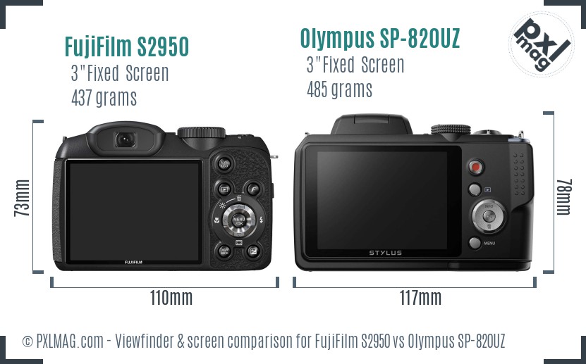 FujiFilm S2950 vs Olympus SP-820UZ Screen and Viewfinder comparison