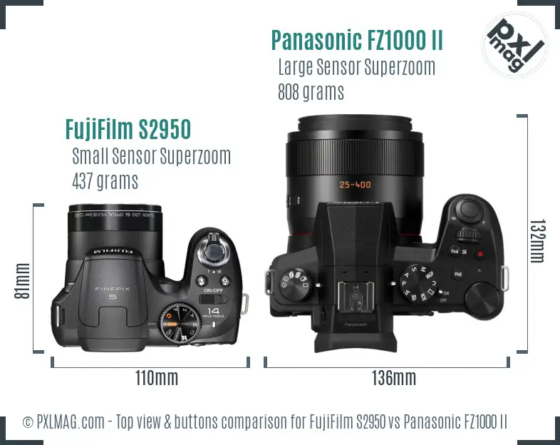FujiFilm S2950 vs Panasonic FZ1000 II top view buttons comparison
