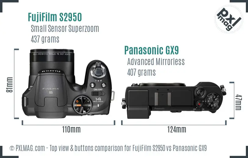 FujiFilm S2950 vs Panasonic GX9 top view buttons comparison