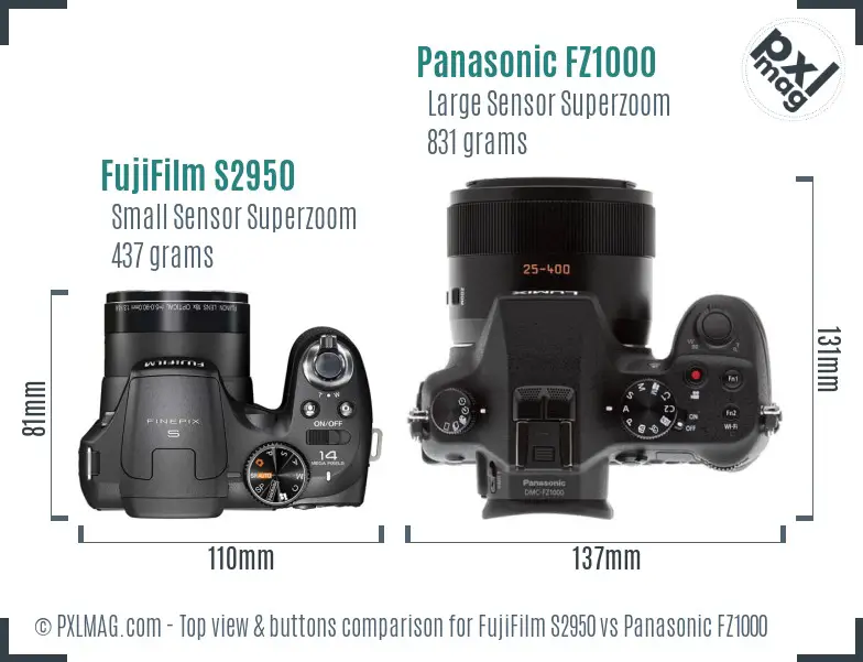 FujiFilm S2950 vs Panasonic FZ1000 top view buttons comparison