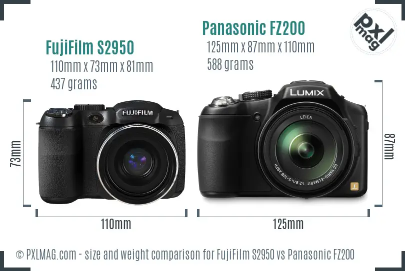 FujiFilm S2950 vs Panasonic FZ200 size comparison