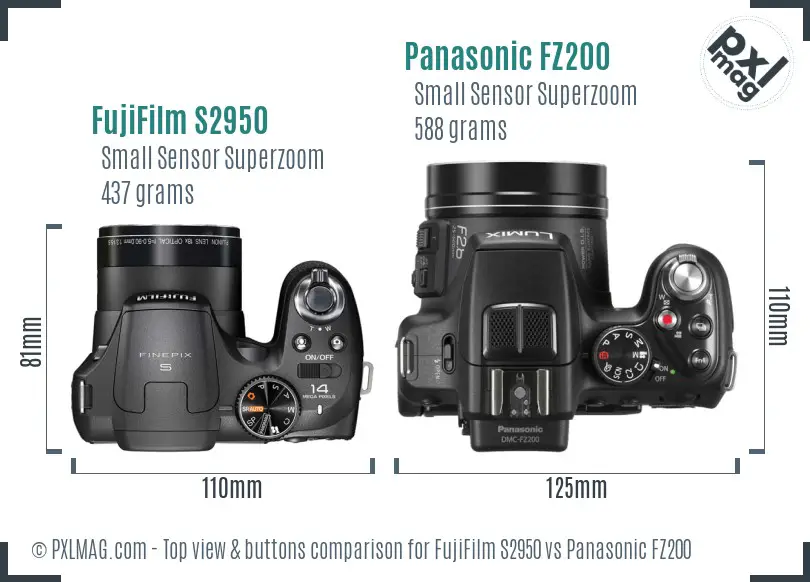 FujiFilm S2950 vs Panasonic FZ200 top view buttons comparison