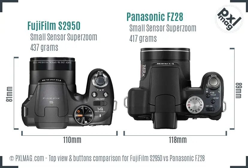 FujiFilm S2950 vs Panasonic FZ28 top view buttons comparison