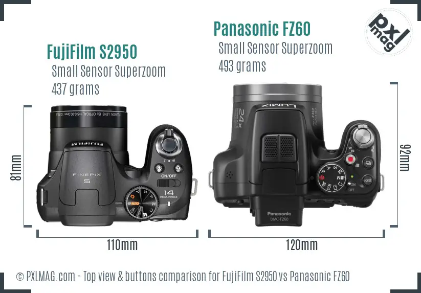 FujiFilm S2950 vs Panasonic FZ60 top view buttons comparison FujiFilm S2950 vs Panasonic FZ60 top view buttons comparison