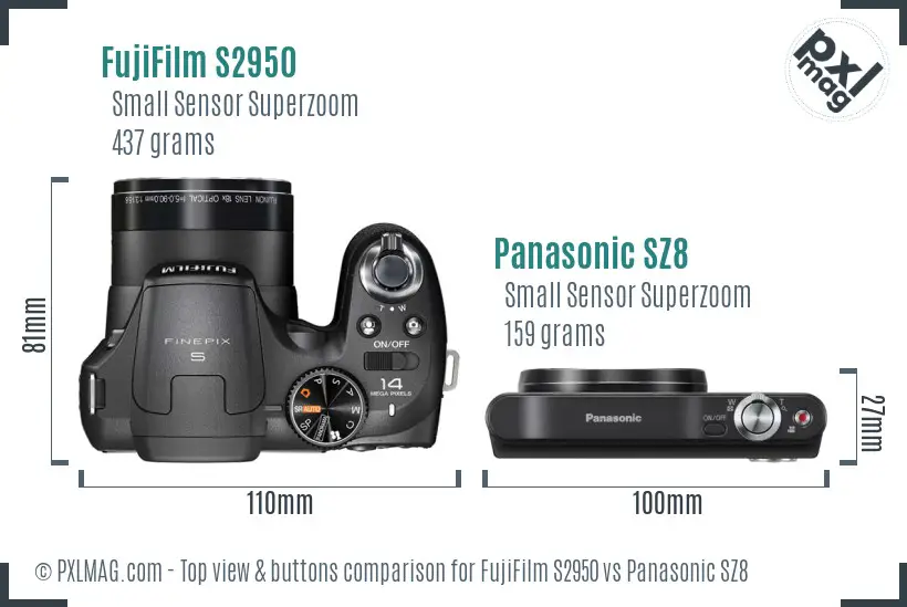 FujiFilm S2950 vs Panasonic SZ8 top view buttons comparison