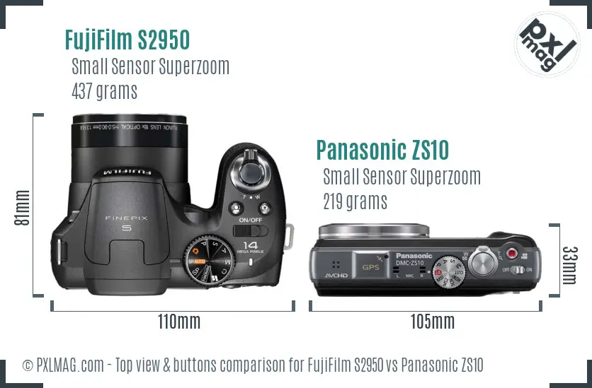 FujiFilm S2950 vs Panasonic ZS10 top view buttons comparison