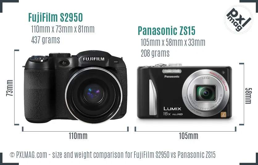 FujiFilm S2950 vs Panasonic ZS15 size comparison