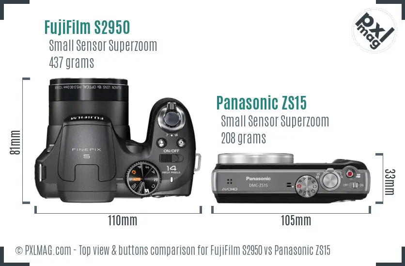 FujiFilm S2950 vs Panasonic ZS15 top view buttons comparison