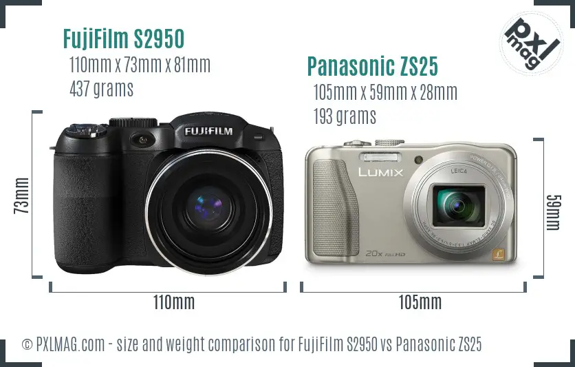 FujiFilm S2950 vs Panasonic ZS25 size comparison