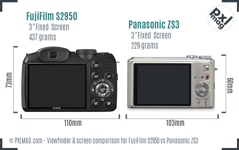 FujiFilm S2950 vs Panasonic ZS3 Screen and Viewfinder comparison