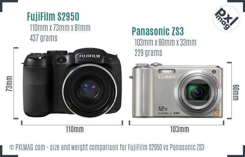 FujiFilm S2950 vs Panasonic ZS3 size comparison