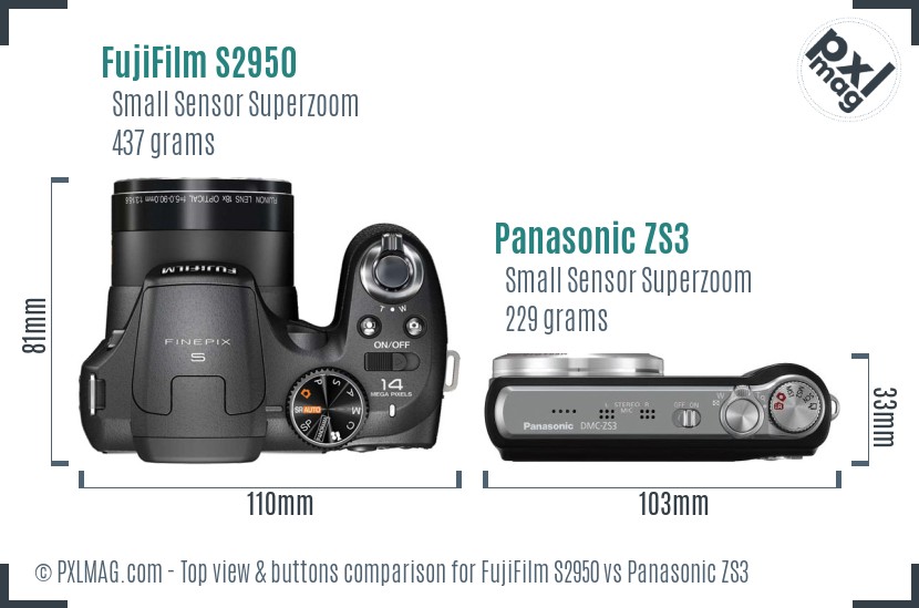 FujiFilm S2950 vs Panasonic ZS3 top view buttons comparison