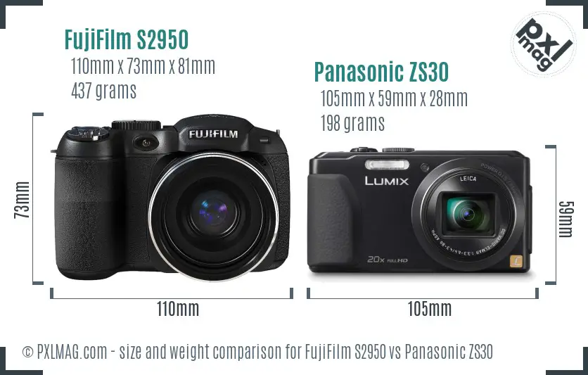 FujiFilm S2950 vs Panasonic ZS30 size comparison